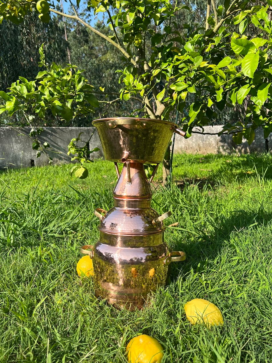 "Premium Copper Alquitar 30L with Hand-Hammered Finish" Close-up image showcasing the hand-hammered copper craftsmanship of the Premium Copper Alquitar 30L, with its traditional helmet lid and brass handles.